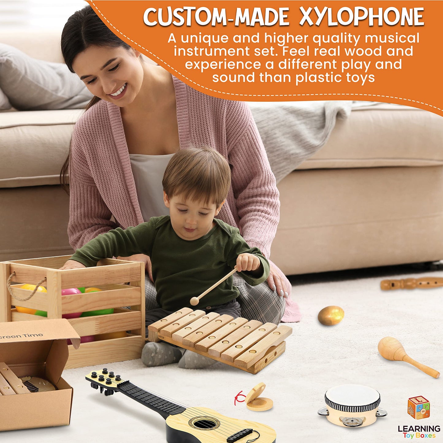 Wooden Kids Musical Instruments - Kids Musical Toys For Toddlers 1-3 - Toddler Learning Toys Music Set Kids Guitar Maracas Toddler Xylophone Tambourine Castanet Egg Shaker Recorder Instrument For Kids