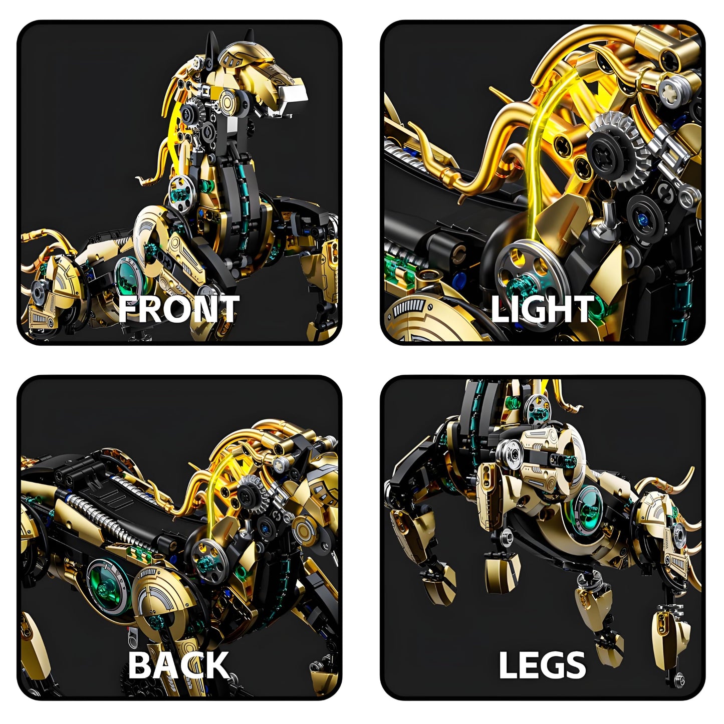 CSNRHG Mechanical Horse Building Block Set - Large DIY Model Kit for Kids, Movable Legs, Gold, Model 13088