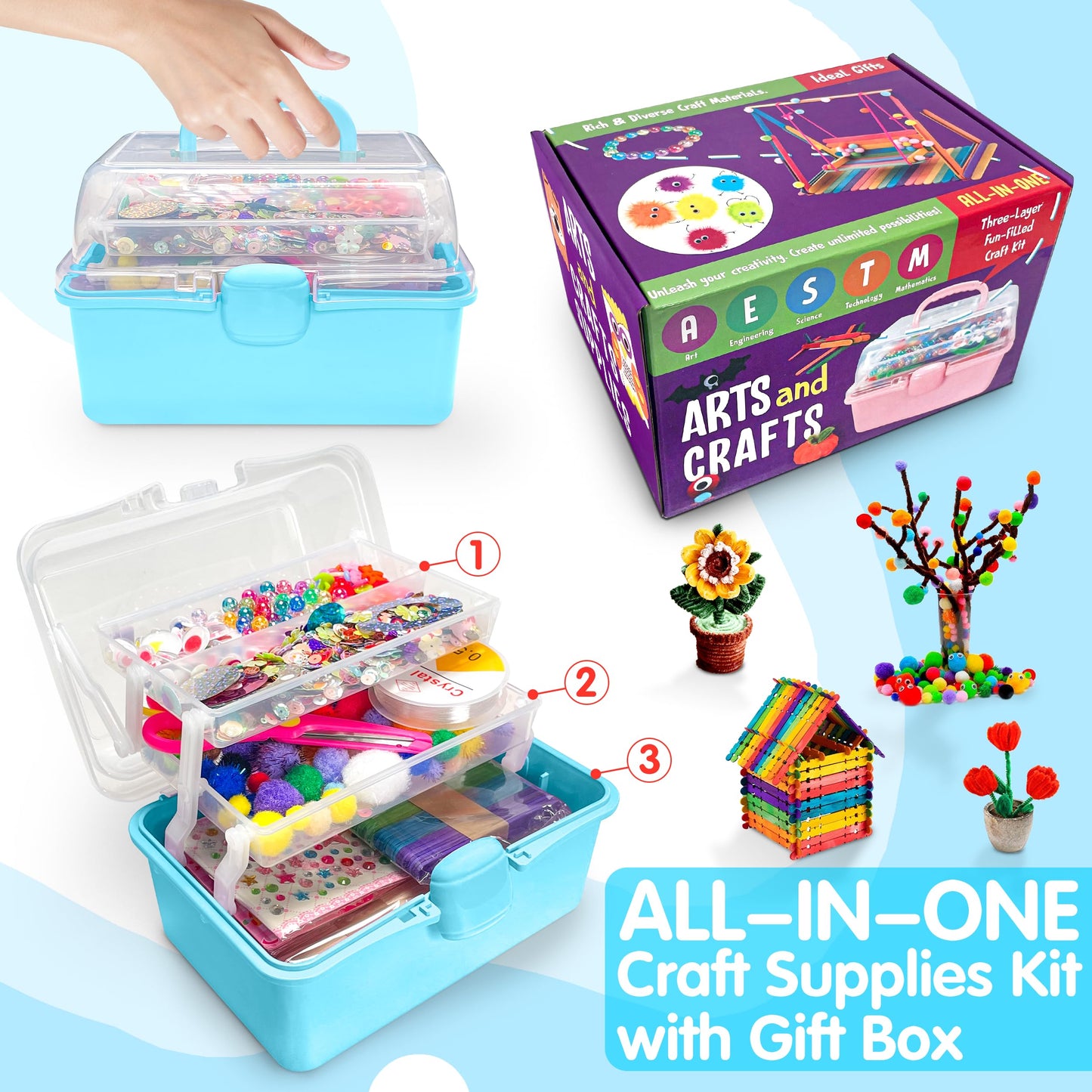 LINAYE 2500+PCS Arts and Crafts Supplies for Kids, DIY Craft Supplies Kit Box for Ages 6-8, Arts and Crafts Kit for Kids, Crafti