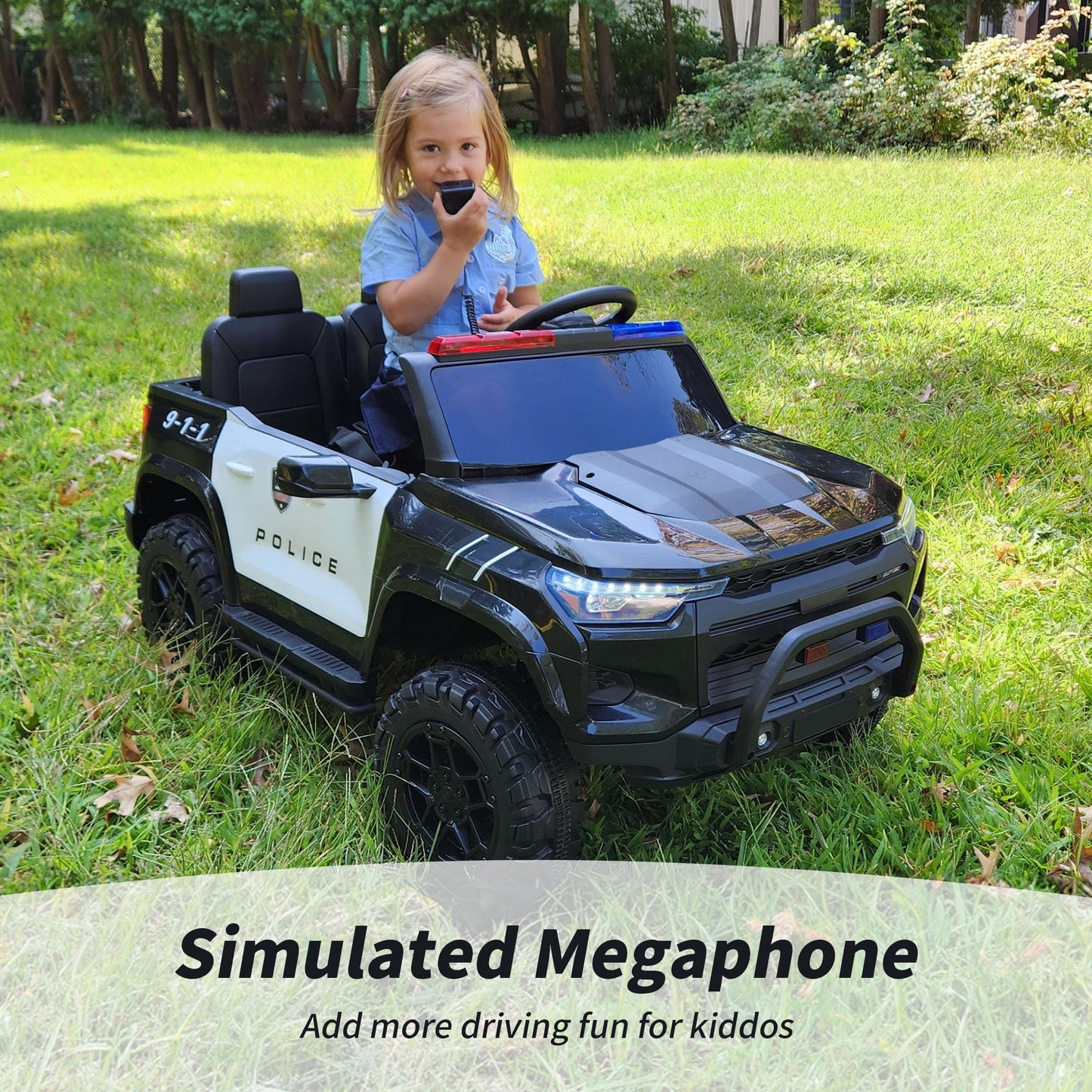 Outfunny 12V Electric Police Car For Kids, 2 Seater Ride On Toy Car For Kids Aged 4-8 With Remote Control, Bluetooth - Black