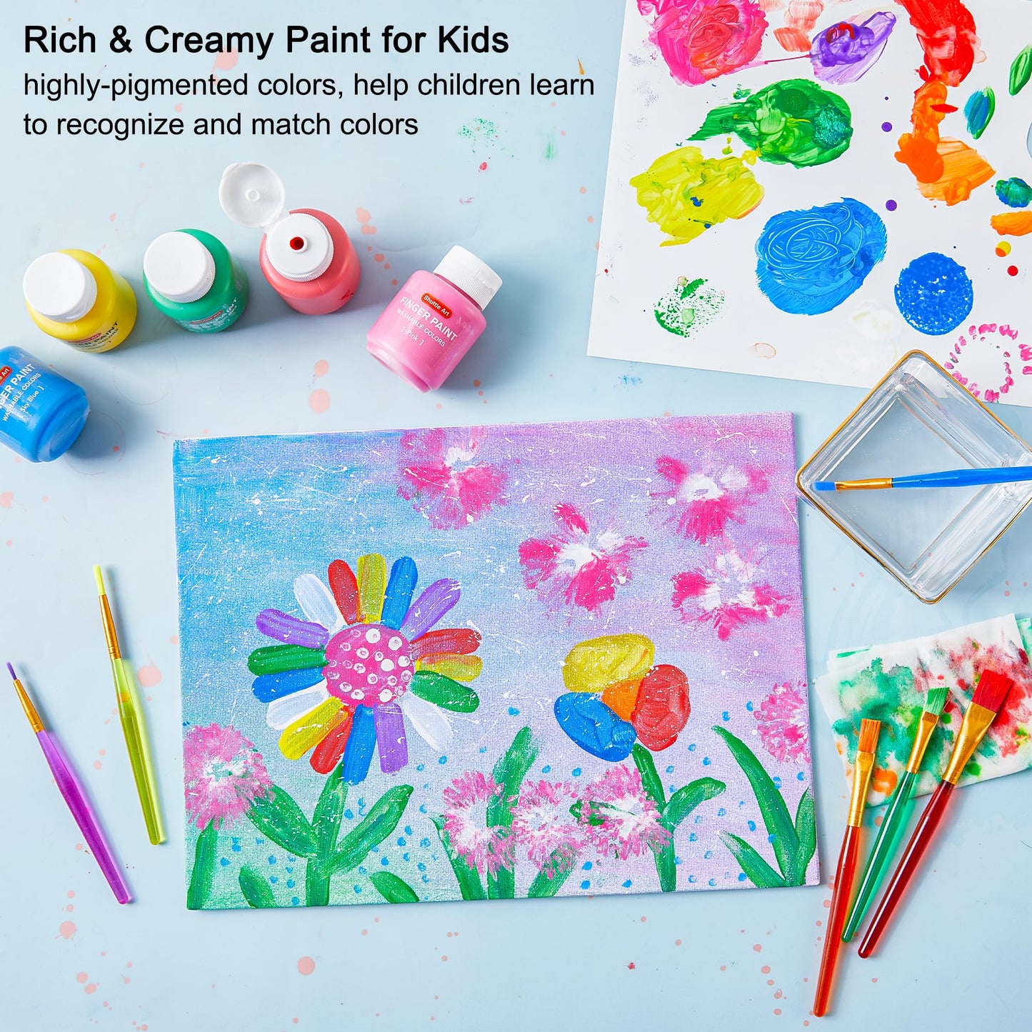 Washable Finger Paint Set, Shuttle Art 46 Pack Kids Paint Set with 14 Colors(60ml) Finger Paints, Brushes, Finger Paint Pad, Spo