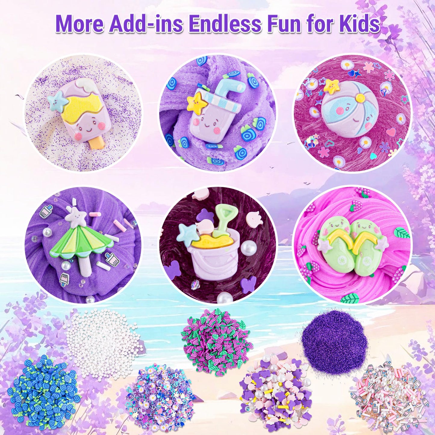 6 Packs Gradient Purple Slime Kit - Cloud Slime, Butter Slime & Clear Slime, Crunchy Slime For Kids With Various Slime Add-Ins, Non Stick Slime Party Favors For Girls And Boys, 360Ml Kids Slime(Beach)