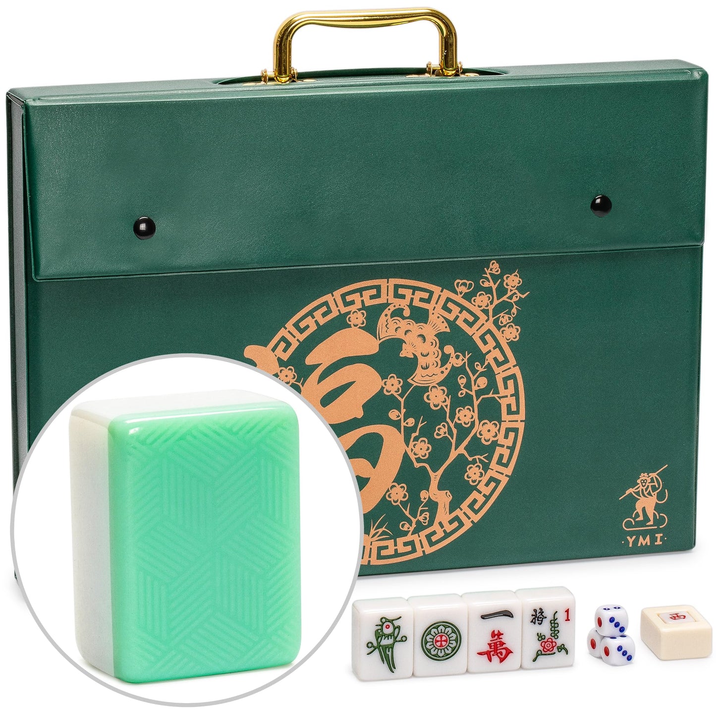 Yellow Mountain Imports Emerald Weave Chinese Mahjong Set, With 146 Large 1.6-Inch Tiles, Green Vinyl Case, Wind Indicator And D