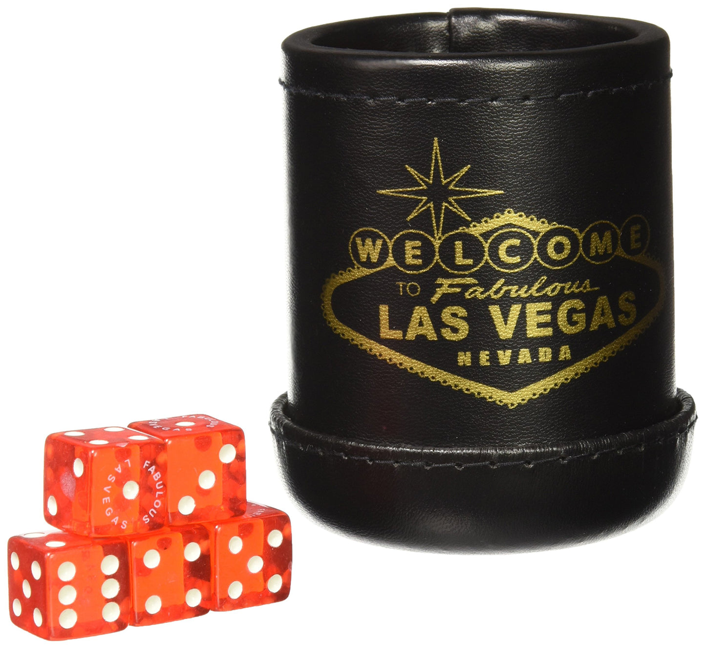 CHH Black Deluxe Dice Cup with 5 Standard Dice - Plastic, Model SS-CQG-7813, "Welcome To Las Vegas" Design
