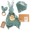 Mikito Organic Cotton Newborn Gift Box Unisex Baby Gifts Including Muslin Lovey Comforter Bandana Bib Wooden Teether & Birth Announcement Sign