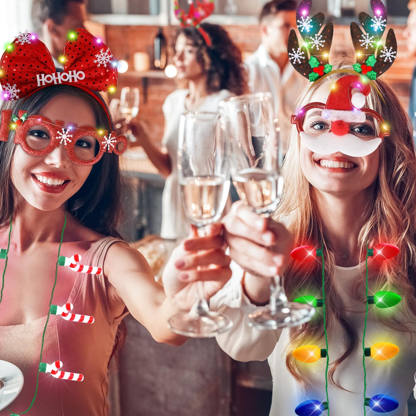 24 PCS Christmas Party Favors, Light Up Candy Cane Snowflake Tree Bulb Necklace LED Headwear Glow Eyeglasses Set for Bulk Xmas G