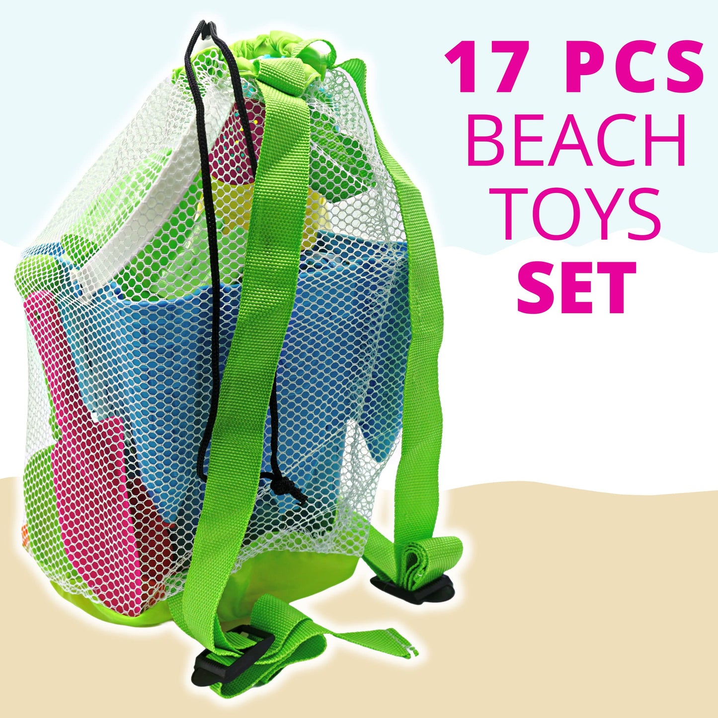4E's Novelty Beach Toys for Kids with Bag (17 Pcs Set) Castle Beach Bucket with Shovels & Molds - Beach Toys for Kids 3-10, Sand