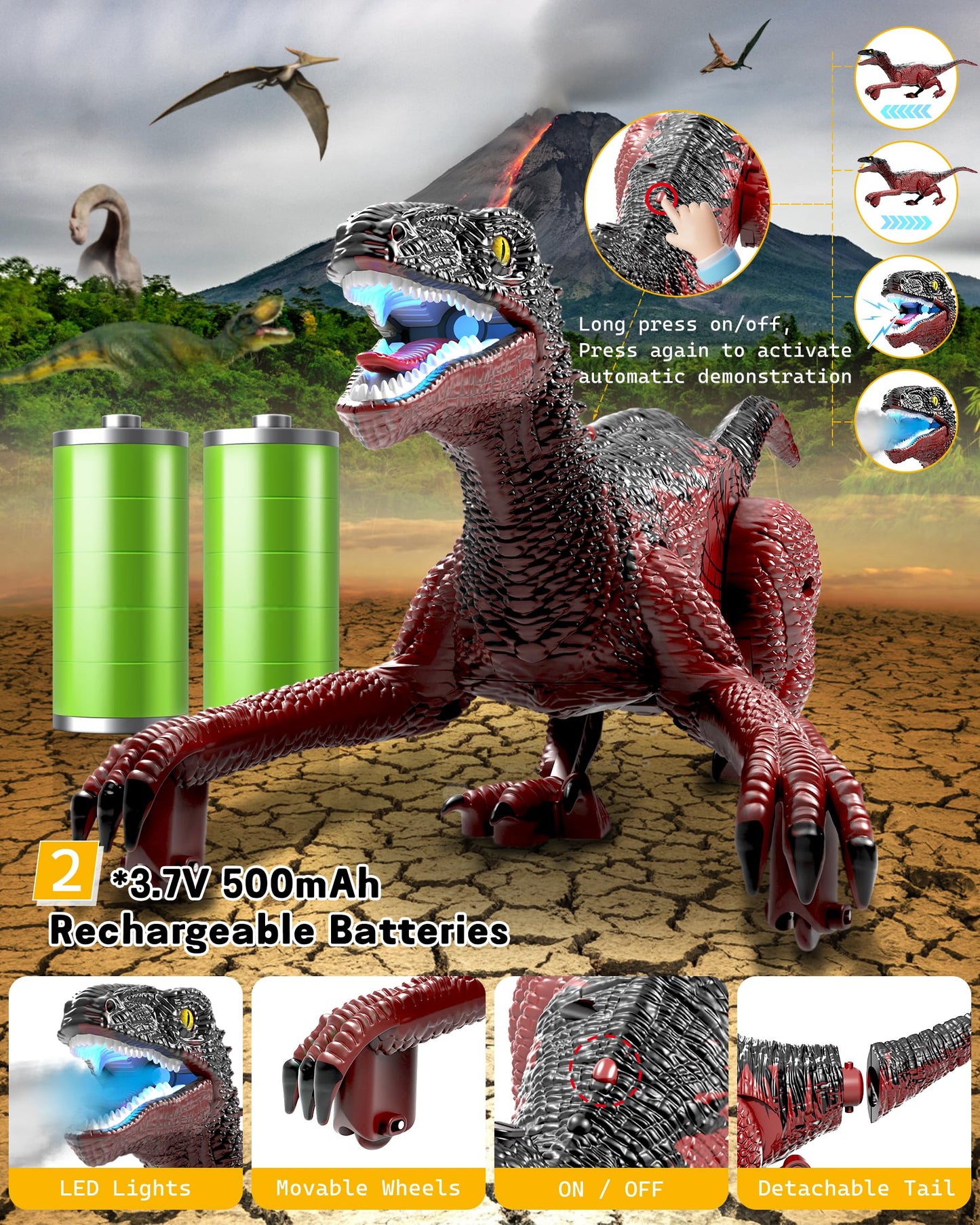 Eulogia Dinosaur Toy, Rc Dinosaur Car With 2-In-1 Remote, Gesture-Sensing Forward Backward Dino, Features Spray & Sounds & Light