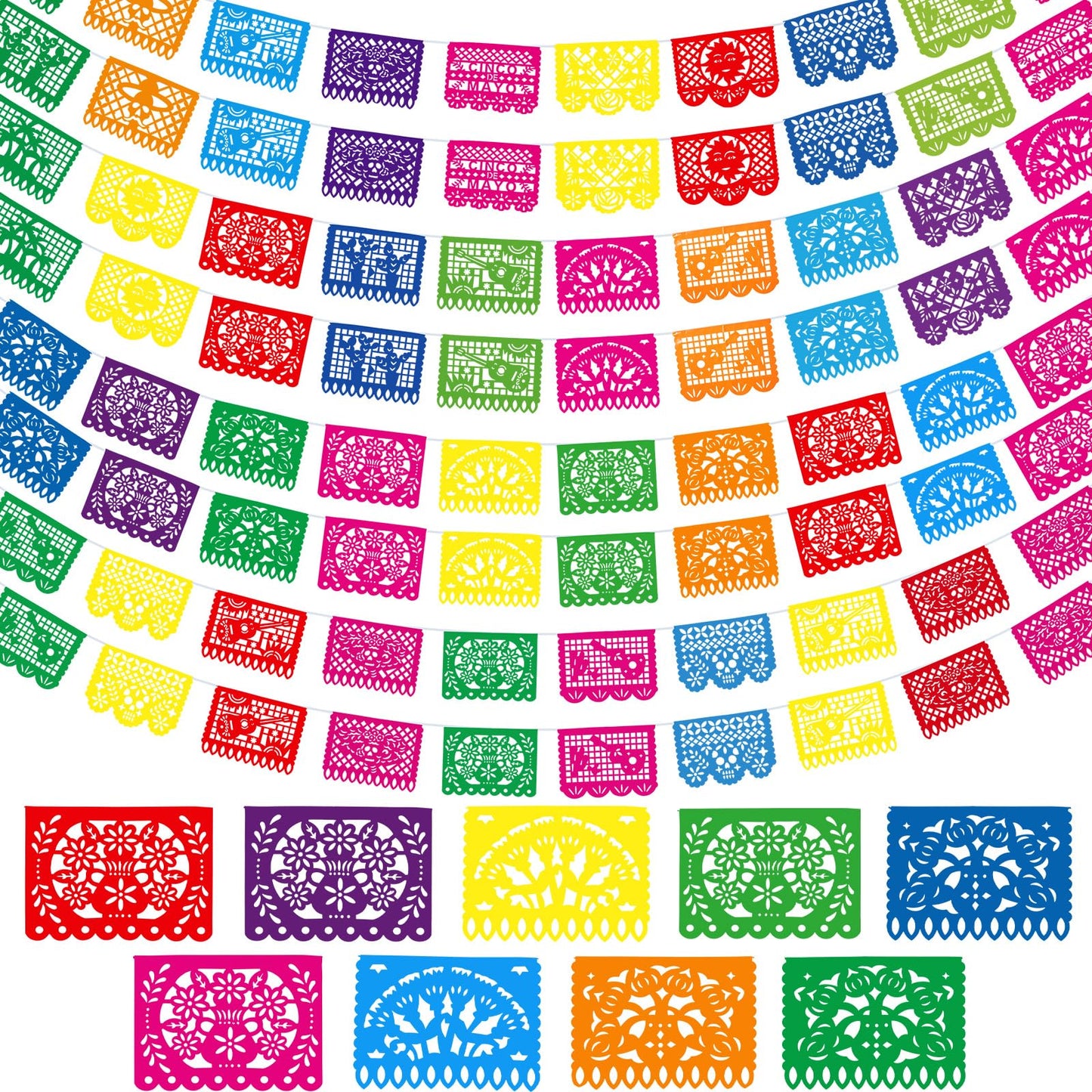 Boao 8 Packs 120 ft Mexican Party Decorations Fiesta Banner Plastic Papel Picado Banner Garland Cinco De Mayo Decor Dia De Los M