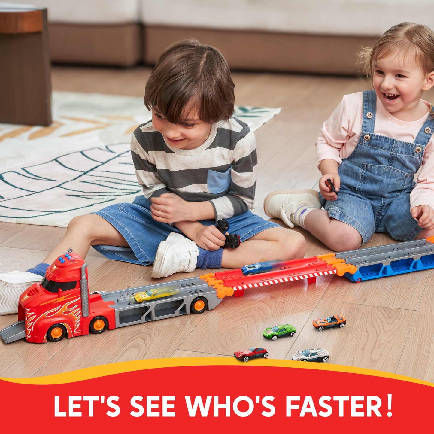 Syncfun Carrier Truck Race Track Toddler Toy - 8-Ft Foldable 3 Layer Toy Truck With 12 Die-Cast Metal Racing Cars And Lights & S