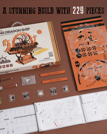 Robotime Lk802 Viking Dragon Ship Mechanical Wooden Puzzles, 229 Pieces 3D Puzzles For Adults, Crafts For Adults Hobby Building Kit