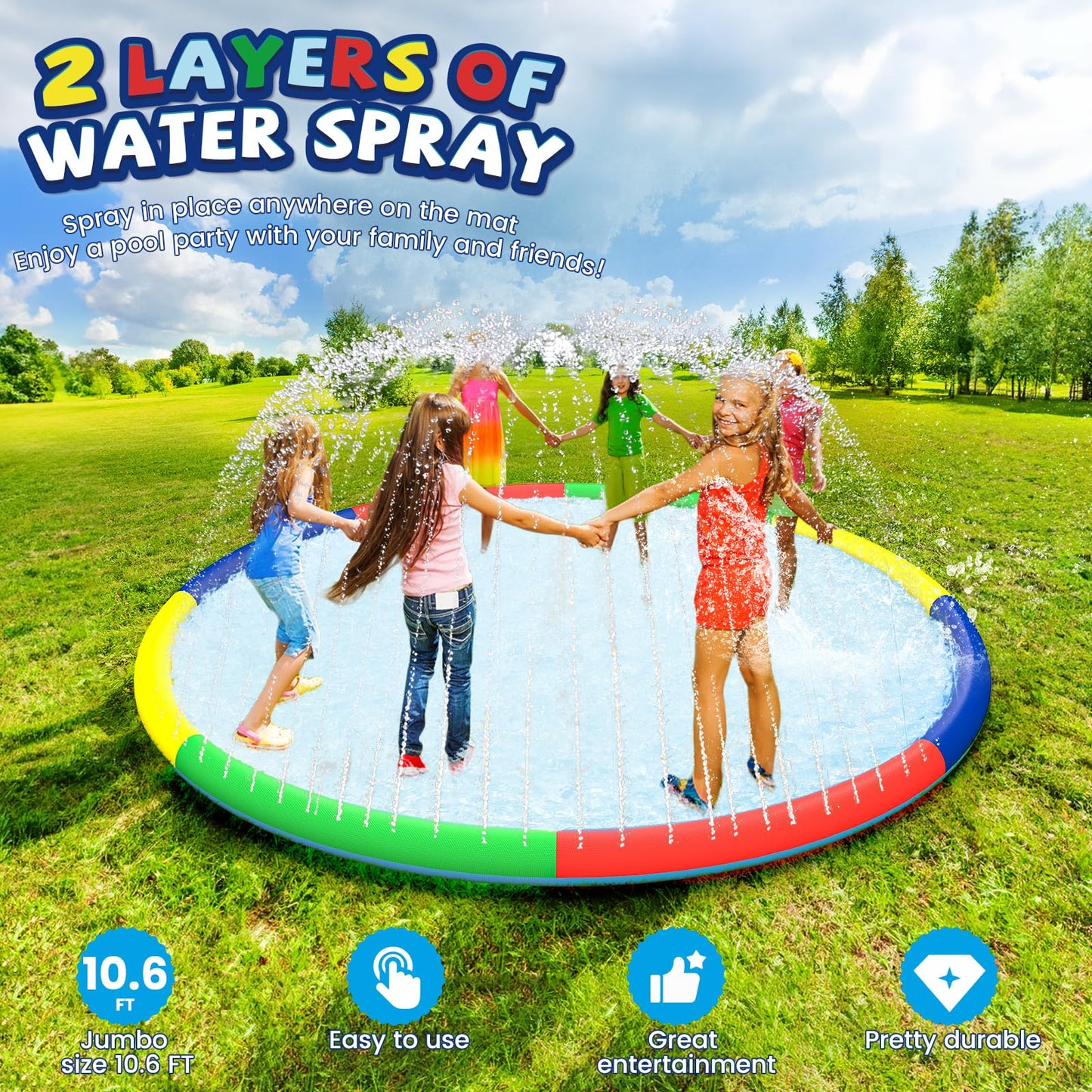 Odosola 10.5 Ft Large Splash Pad For Kids Ages 4-8, Non-Slip Baby Splash Pads For Toddlers, Oversized Kids Sprinklers For Yard,