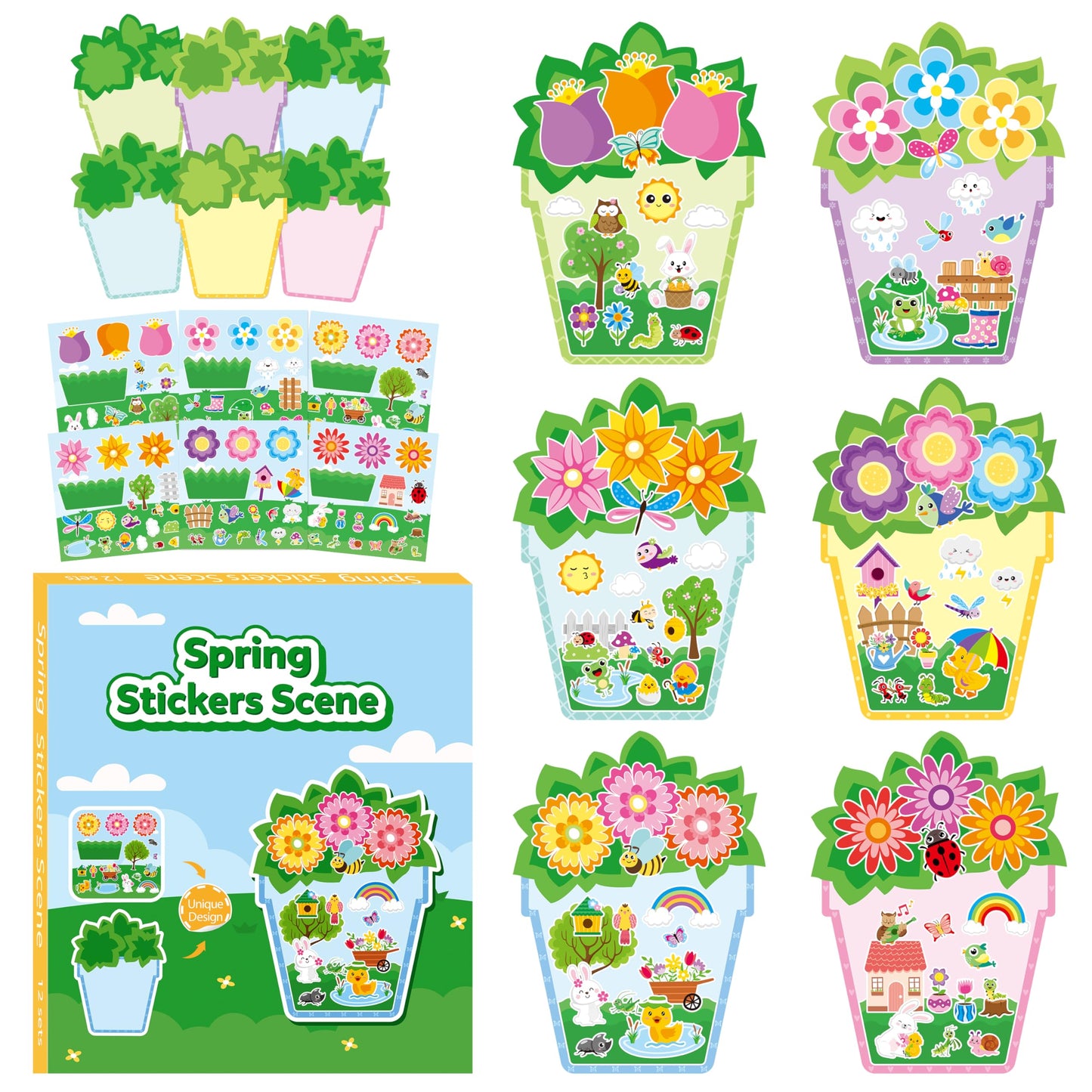 CY2SIDE Summer Flower Pot Stickers - 12 Sets of Garden Theme Art Craft Kit for Kids School Activity Make Your Own Nature Sunflow