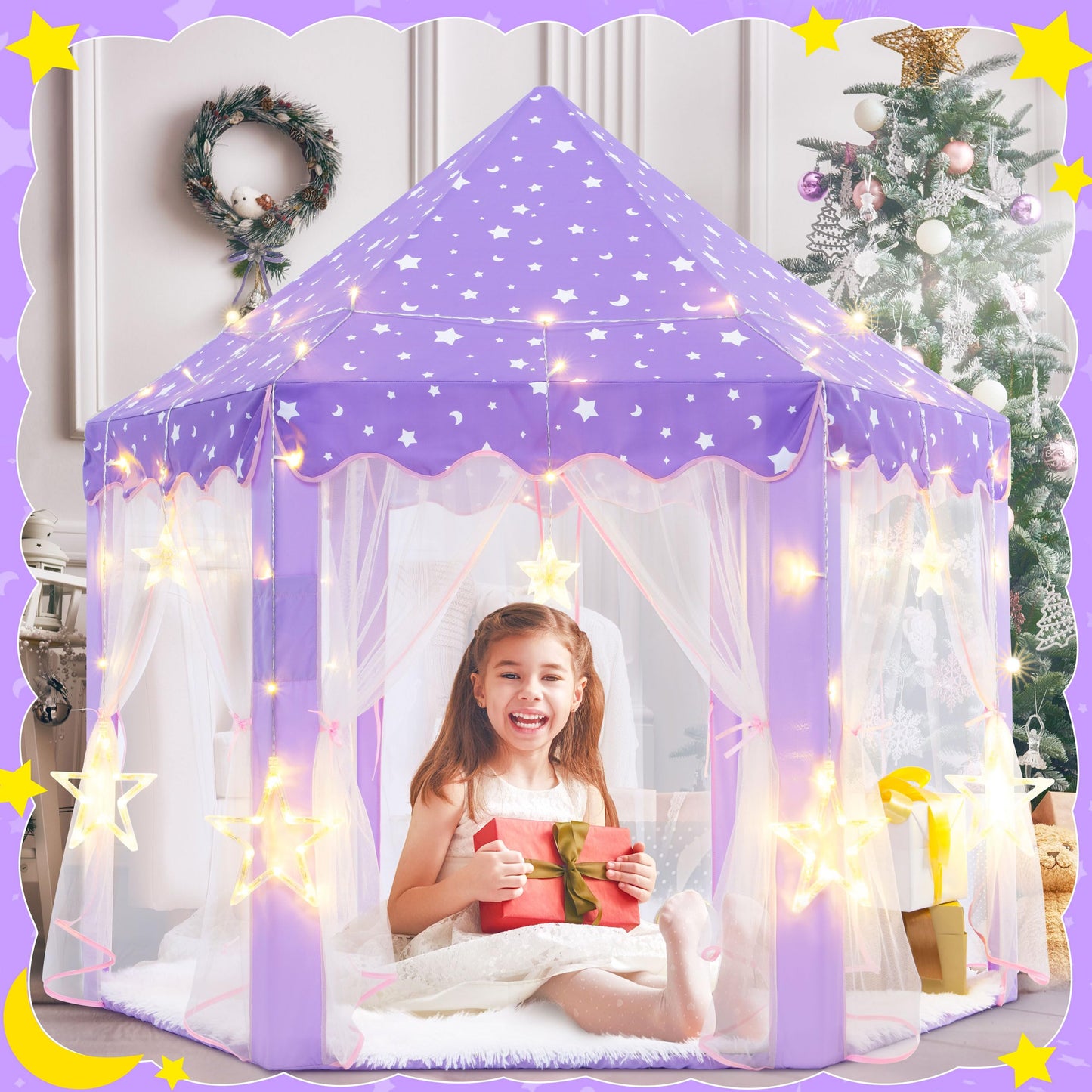 Evoionos Purple Princess Tent For Girls, Kids Play Tent With Large Star Lights, Castle Playhouse For Children Indoor Outdoor Gam