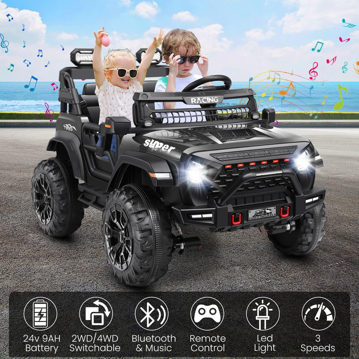 Hikole 24V Kids Ride On Toys, Jeeps For Kids 2 Seat 4 4, With Remote Control, 9Ah Battery, 5Mph Max Speed, Bluetooth, 3 Speeds,