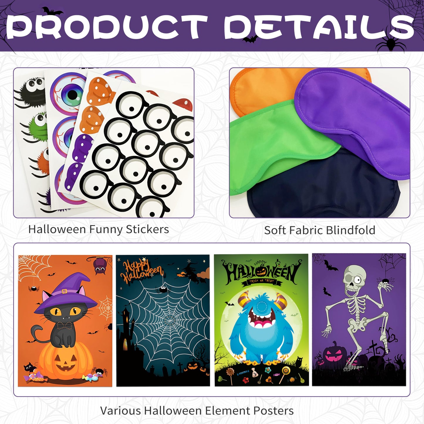 Boramdo Halloween Party Games Halloween Pin The Game Poster With 96 Stickers And 4 Blindfolds, Halloween Pin The Tail Game For H
