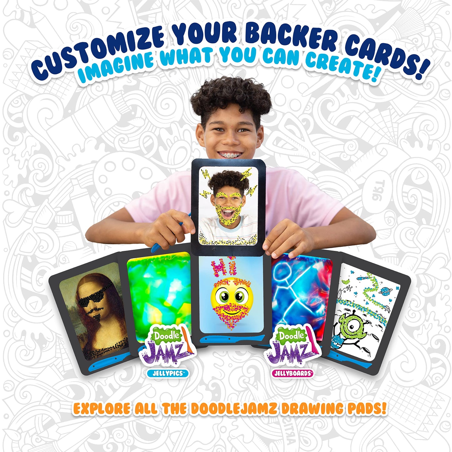 Sky Castle Doodlejamz Jellypics - Sensory Drawing Pads Filled With Non-Toxic Squishy Beads And Gel - Includes Stylus, Removable 2-Sided Emoji Backer Card (Pink, Purple, Green Beads)