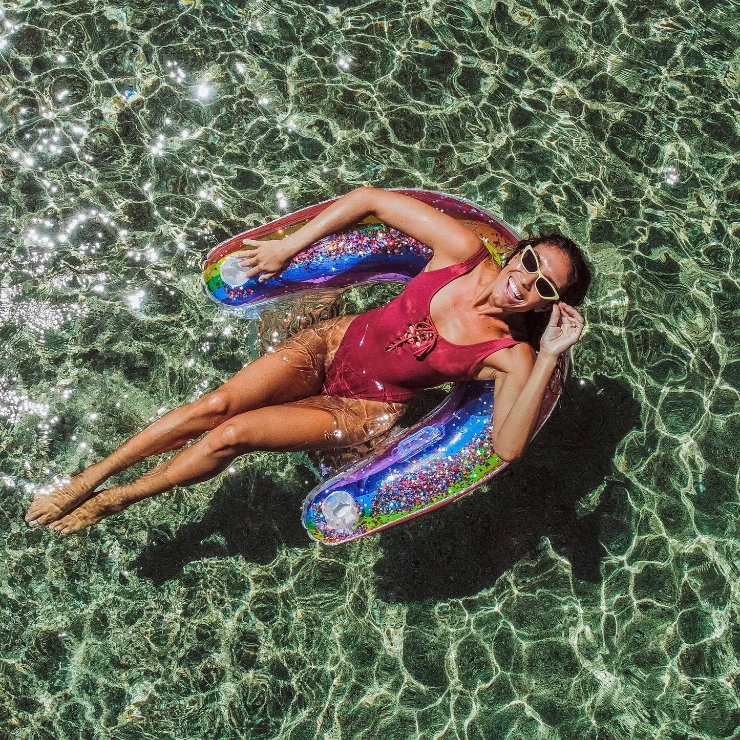 Poolcandy Sun Chair Water Raft, Multiple Chair Styles (Rainbow Glittered Sun Chair Pool Float)
