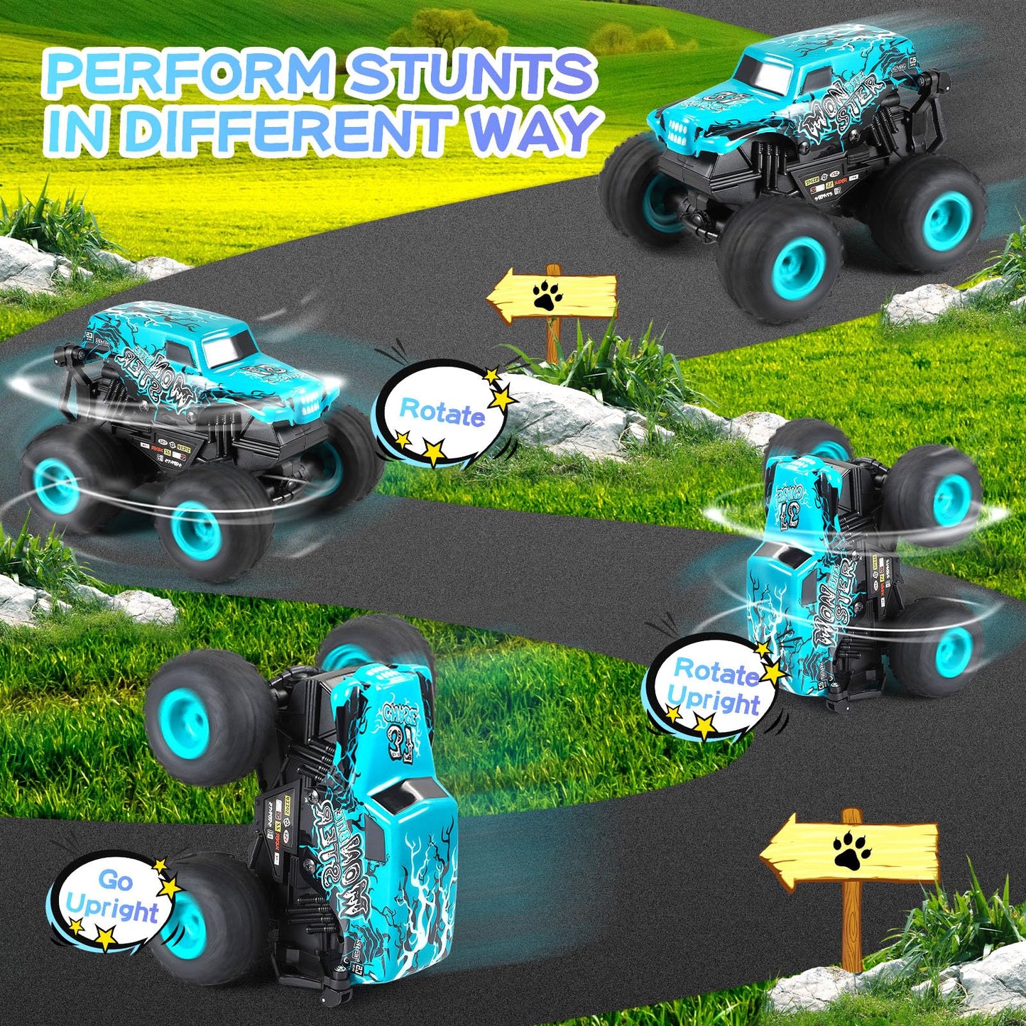 DYODYORC Remote Control Car, 2.4Ghz All Terrain Monster Truck Toys, RC Truck with Music, 3 Lighting Effects, 360 Stunt Capable,
