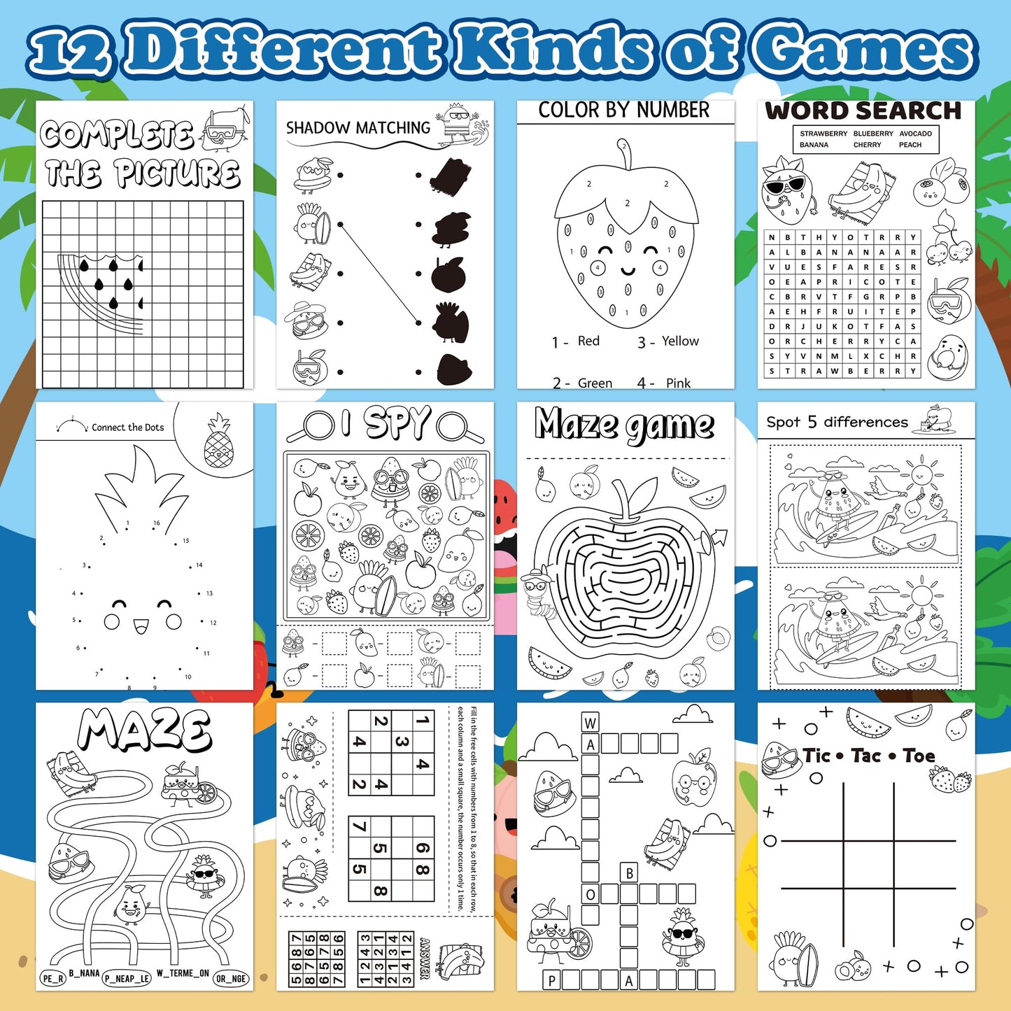 X1Zuue Summer Activity Books For Kids - 24Pcs Coloring Fruits Books Set Bulk Summer Tropical Search Mazes Word Scramble Games Mi