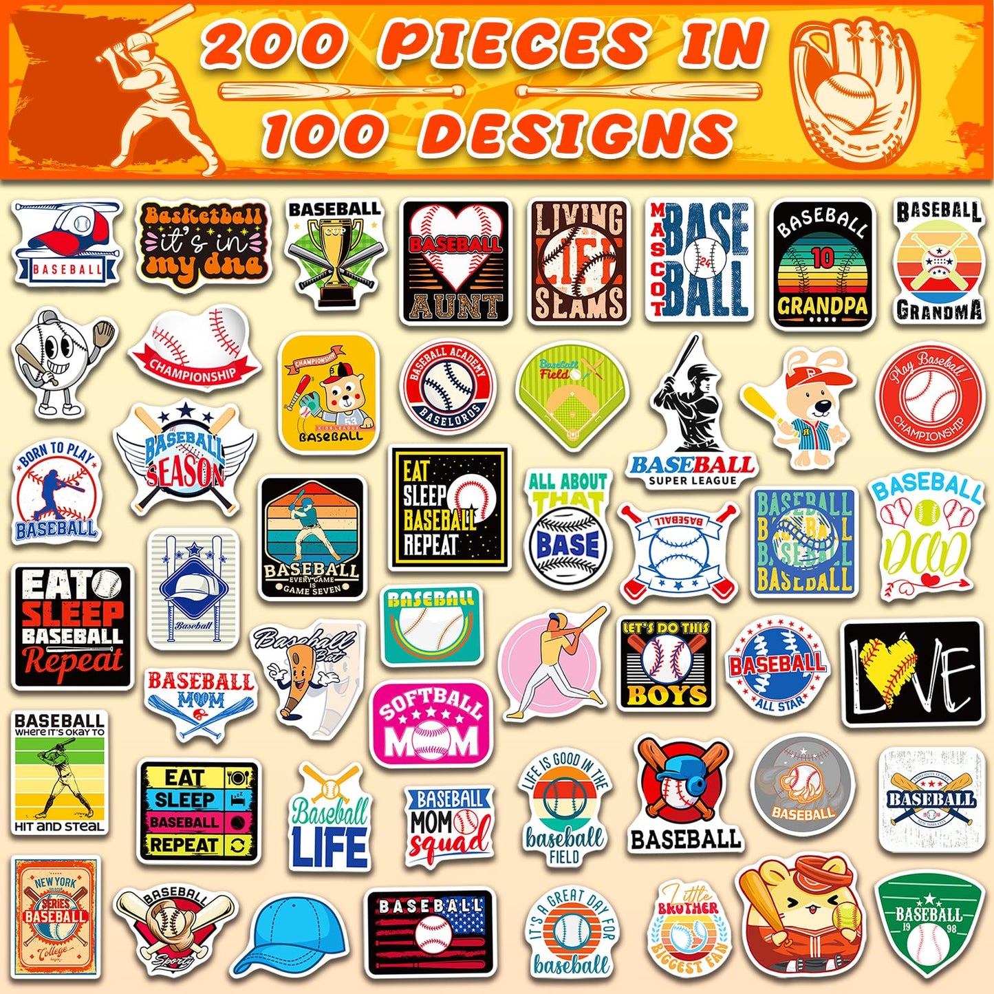 Wakemoodei Baseball Stickers 200 Pcs Baseball Sports Stickers For Water Bottles, Baseball Helmet Stickers Vinyl Waterproof Baseb