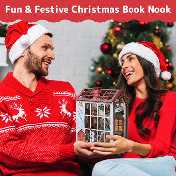 Prextex Diy Christmas Book Nook - 232 Building Pieces - Full Miniature Dollhouse Set With Aaa Battery (Not Included) Operated Li