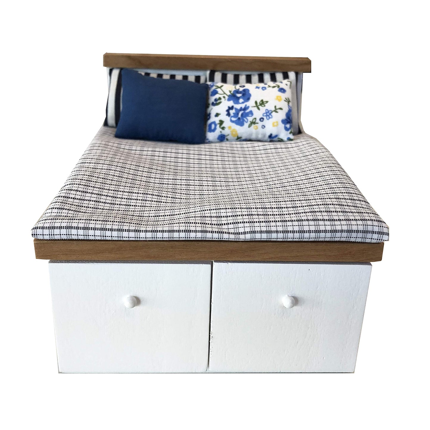 Dollhouse Furniture Queen Bed Set, Mini Bedroom Accessories For 6 Inch Dolls, Grey Bedding, White Wooden Frame, 1/12 Scale