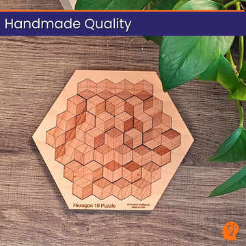 Hexagon 10 Wood Puzzle Brain Teaser, 20 Solutions, USA Made Logic Game