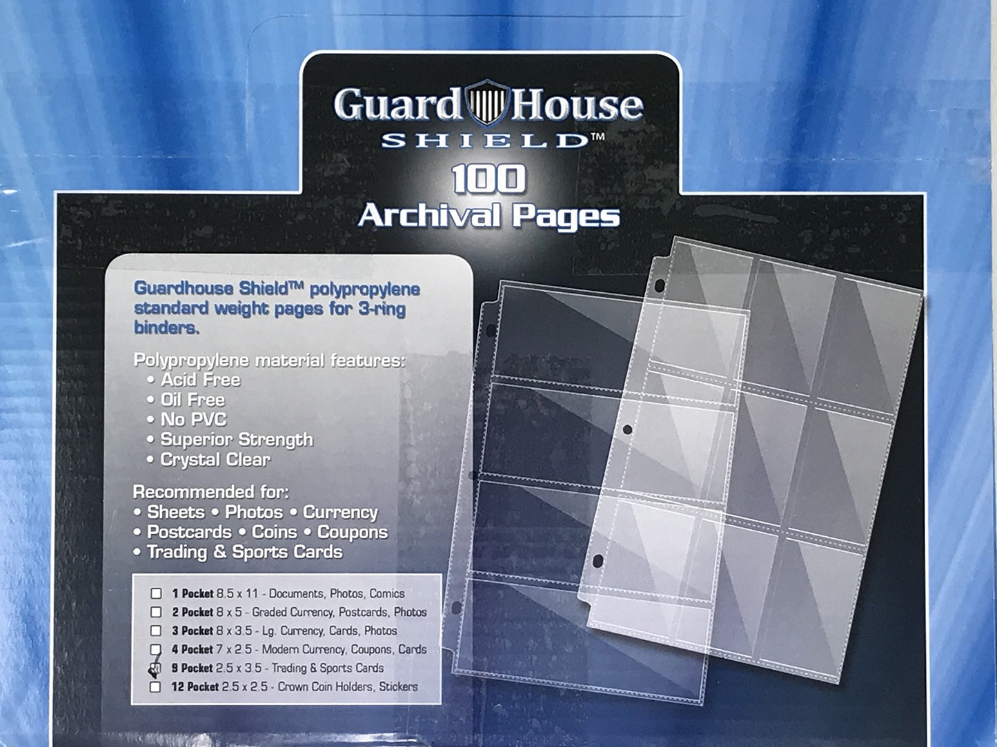 Guardhouse Shield 9 Pocket Trading / Sports / Baseball Card Pages Box Of 100