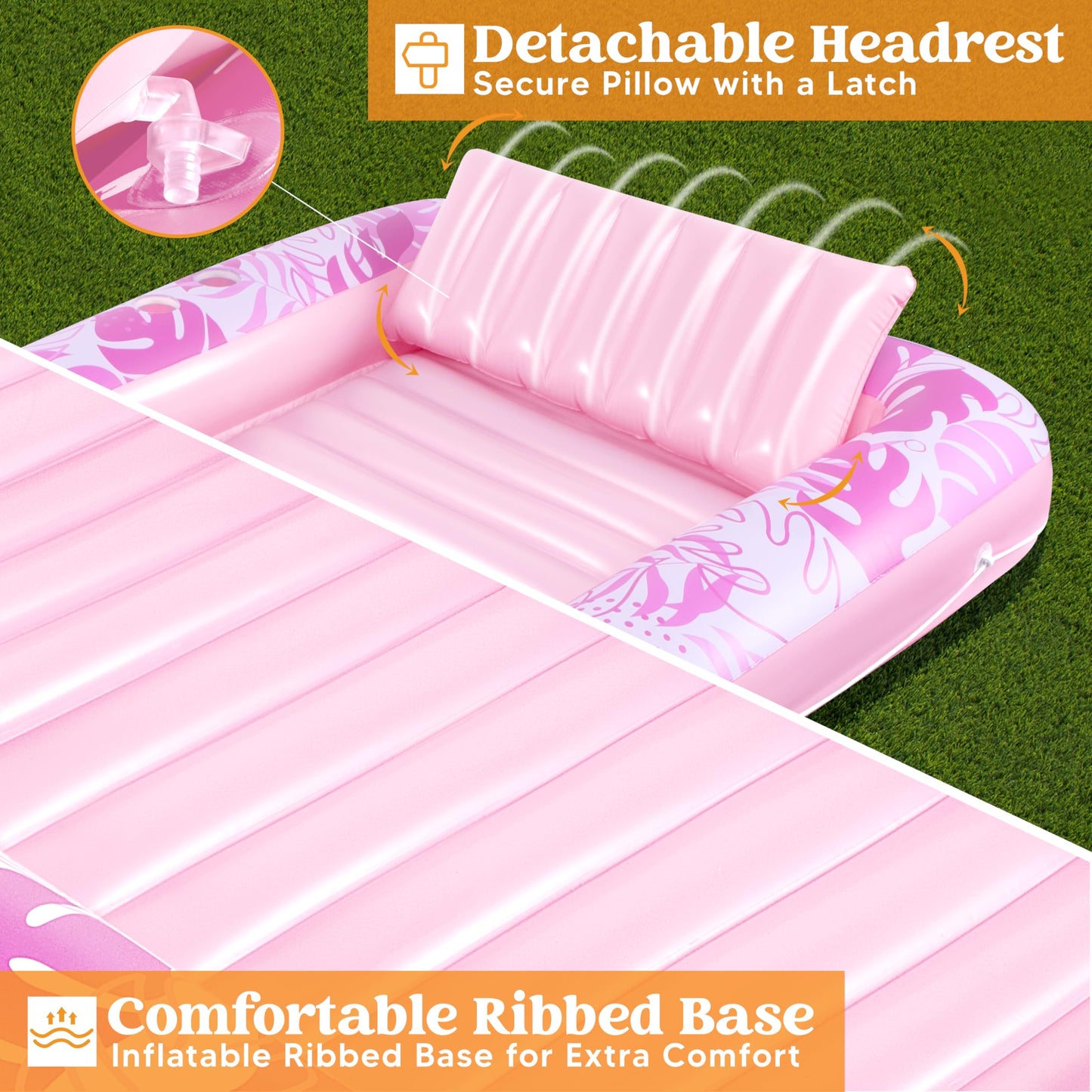 Sloosh Inflatable Tanning Pool Lounger Float, 85' X 57' Extra Large Pool Floats Adult With Pillow, 4 In 1 Suntan Tub Raft Floatie,Sunbathing Bed Lounge For Water Blow Up Ball Pit, Xl-Blushing Pink