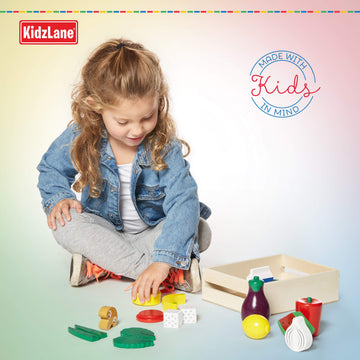 Kidzlane Wooden Vegan Toys with Wooden Crate | 20 Piece Wood Play Food Set for Kids Kitchen | Play Kitchen Accessories for Toddl