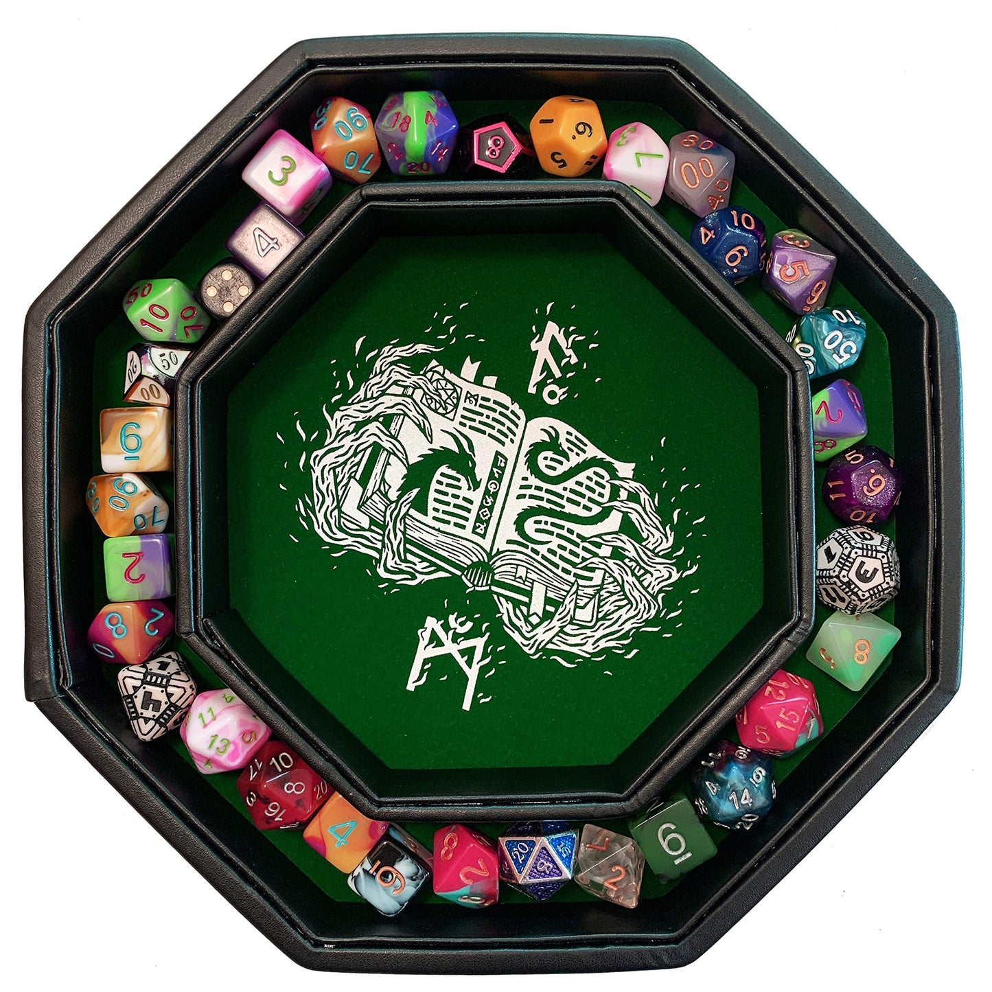 Fantasydice Green Fire Dragon - Dice Tray - 8'' Octagon with Lid and Dice Staging Area- Holds 5 Sets of Dice(7 / Standard) for A