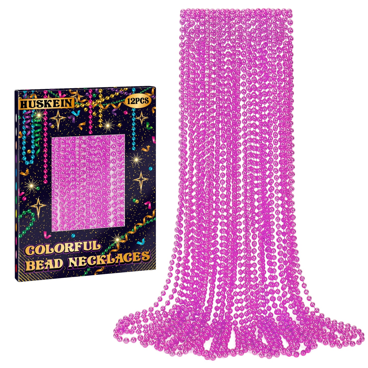 Huskein 12 PCS Pink Beads Necklaces, 33'' Mardi Gras Beads Party Favors, Festival Parade Throws Stuff, Round Beaded Necklaces Pa