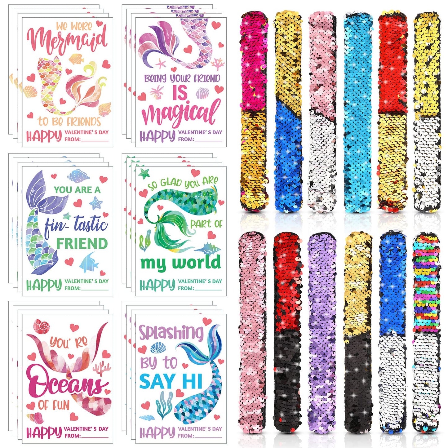 Hanaive 24 Pack Valentines Day Mermaid Sequin Slap Bracelets for Kids with 24 Mermaid Cards Reversible Sequins Slap Bracelets Wr