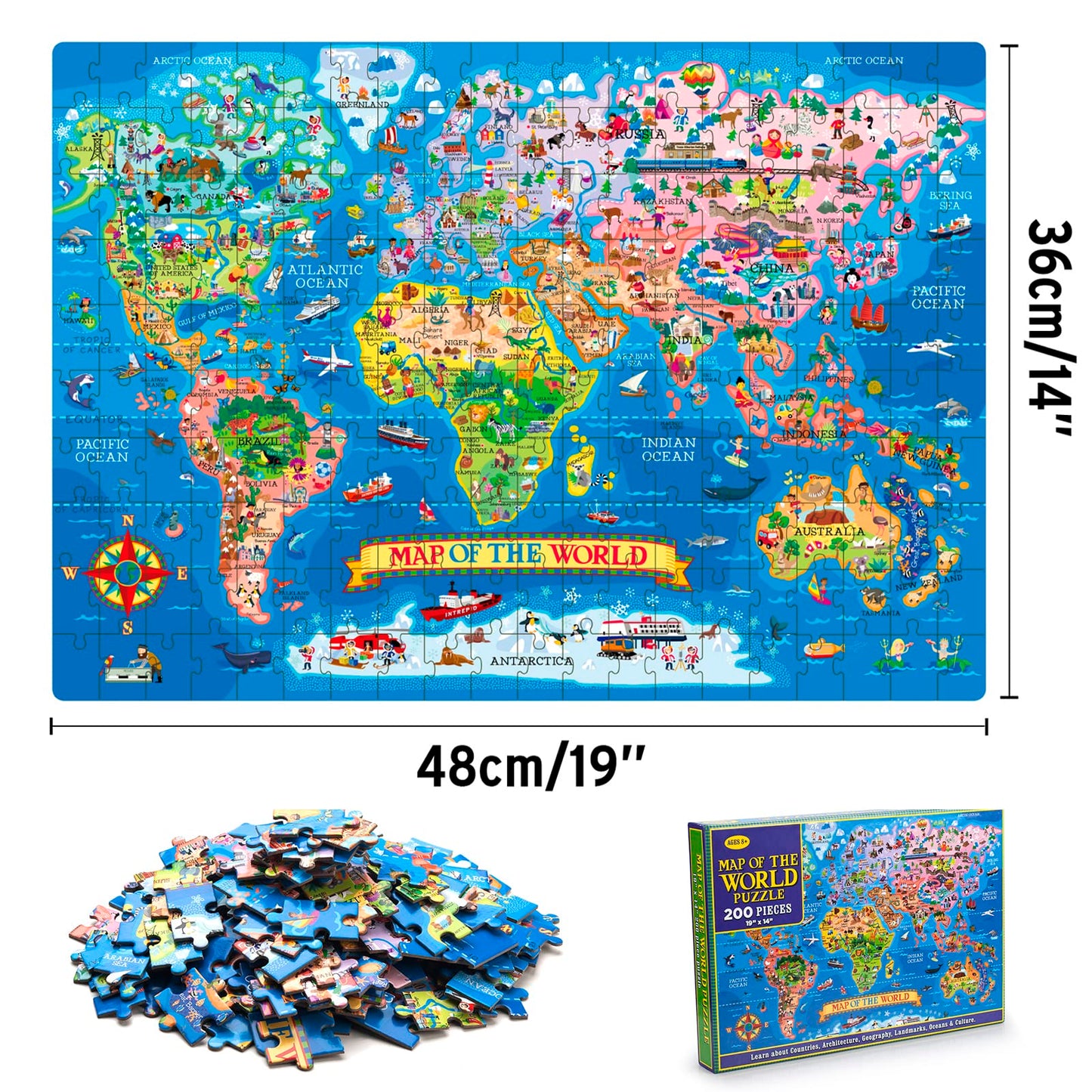 Motyawn 200 Pieces World Map Puzzle For Kids & Adults, World Map Jigsaw Puzzle Floor Puzzles Toddler Geography Educational Toys