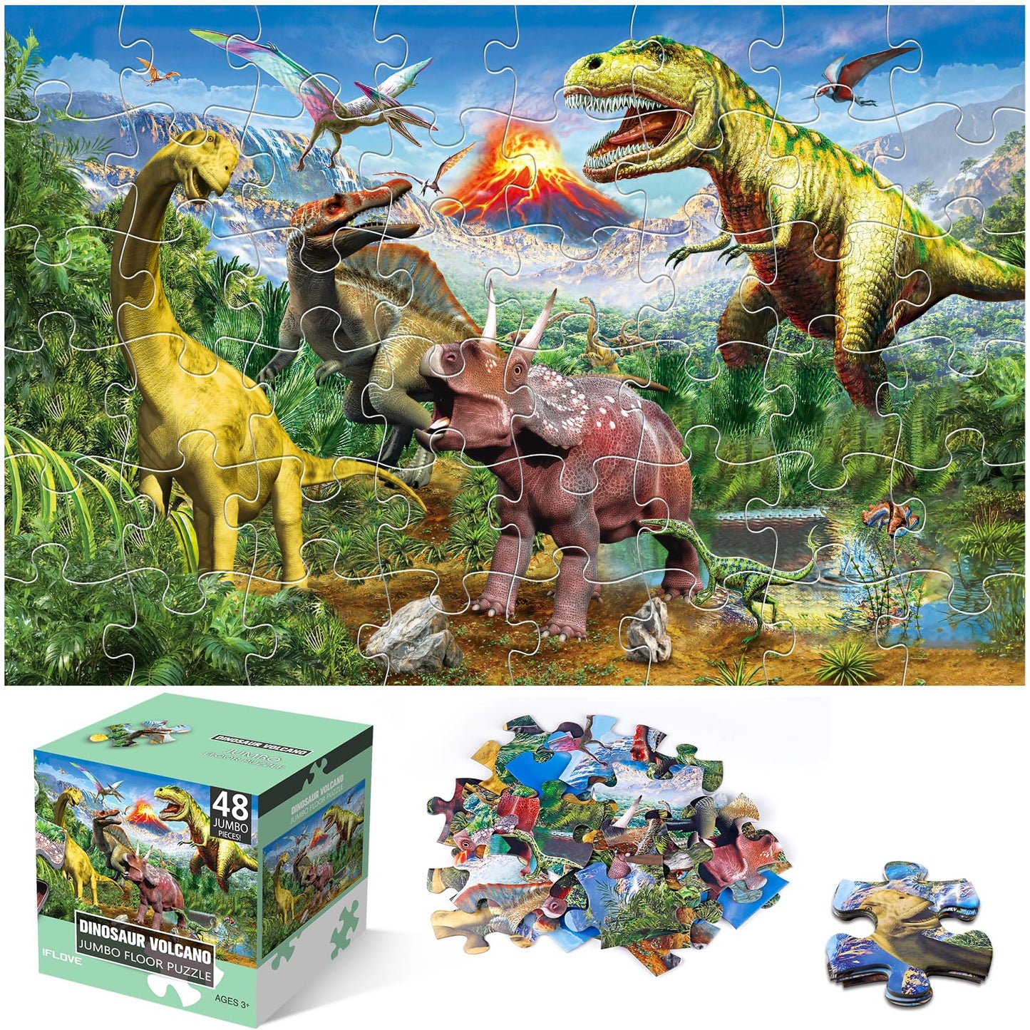 Jumbo Floor Puzzle for Kids,48 Piece Volcano Dinosaur Large Jigsaw Puzzles, Fun Educational Toy for Toddlers Ages 3-5,Preschool
