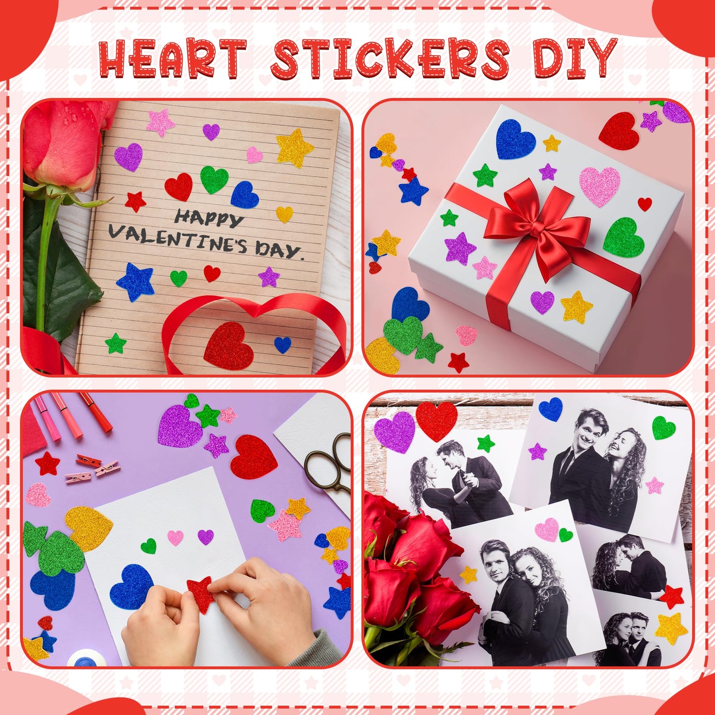 300 PCS Valentines Stickers, Foam Heart Stickers, Glitter Valentine Decor, Self-Adhesive Star Heart Stickers for Kids in Purple