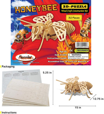 Puzzled 3D Puzzle Honeybee Wood Craft Construction Model Kit, Unique & Educational Diy Wooden Insect Toy Assemble Bee Model Unfinished Crafting Hobby Puzzle To Build & Paint For Decoration 32Pcs Pack