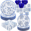 Durony 350 Pieces Blue & White Floral Party Supplies 7 Inch 9 Inch Disposable Elegant Flower Paper Plates Napkins Cups Tableware