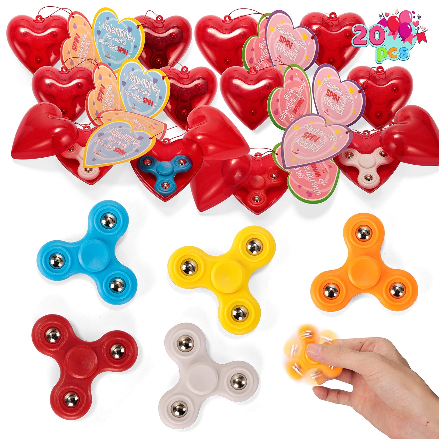 Joyin 20 Pack Valentines Cards With Fidget Spinner And Red Prefilled Hearts, Stress Relief Hand Finger Spinner Fidget Toys For B