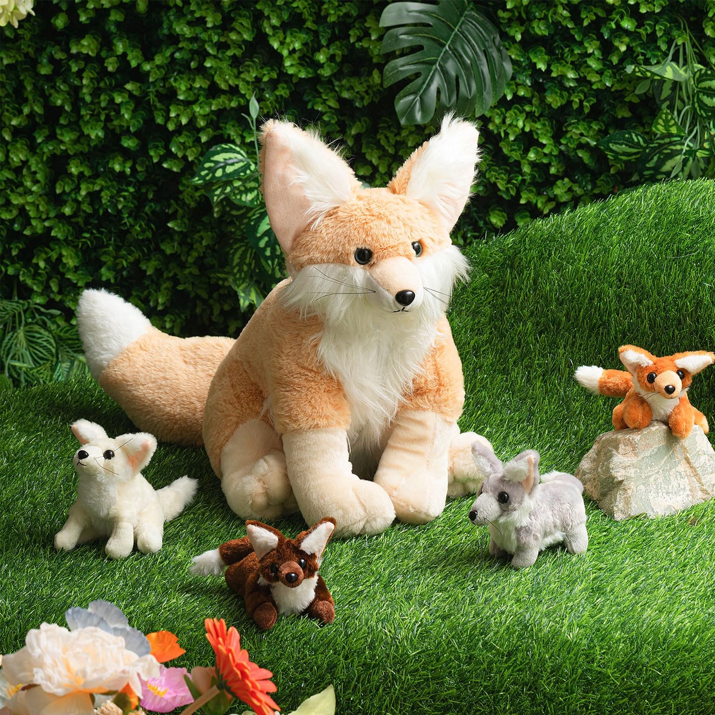 Hydren 5Pcs Woodland Animals Plush Toys Set 13.4 Inch Large Fennec Fox Stuffed Animal With 4 Cute Baby Fox Plush Toys Gift For V