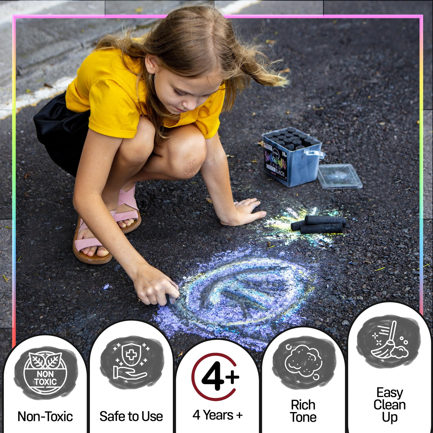 Loddie Doddie- 20Ct Bucket Of Sidewalk Chalk- Onyx Black- Long Lasting Non-Toxic Jumbo Sticks- Reusable Bucket For Hours Of Fun