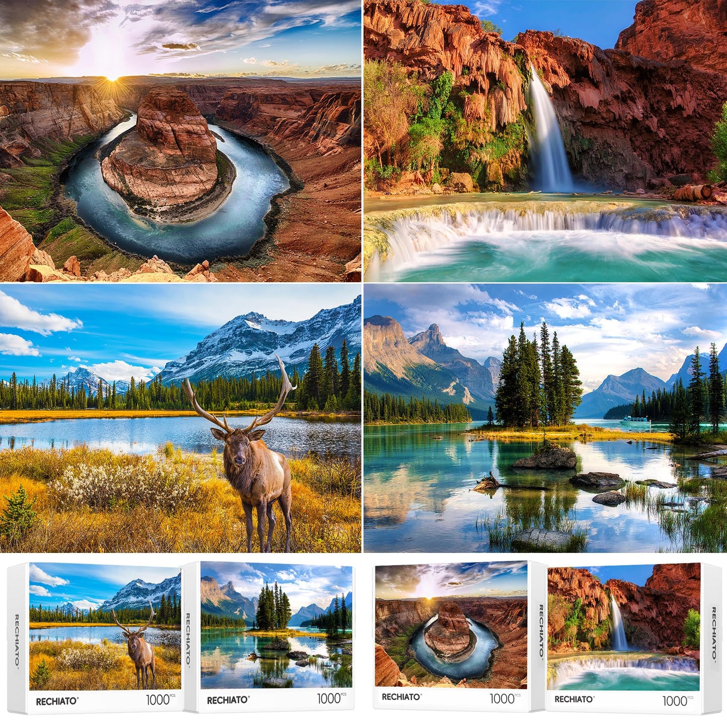 4 Pack Puzzles For Adults 1000 Pieces Rocky Mountain & Grand Canyon Colorado & Spirit Island, Nature Jigsaw Puzzles For Adults 1000 Pieces And Up
