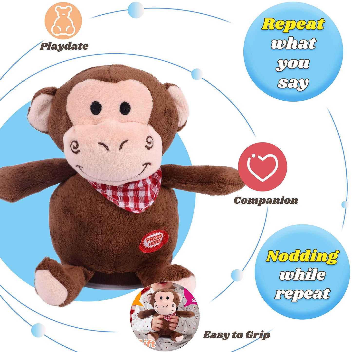 Hopearl Talking Monkey Repeats What You Say Nodding Electric Interactive Animated Toy Speaking Plush Buddy Birthday Festival For