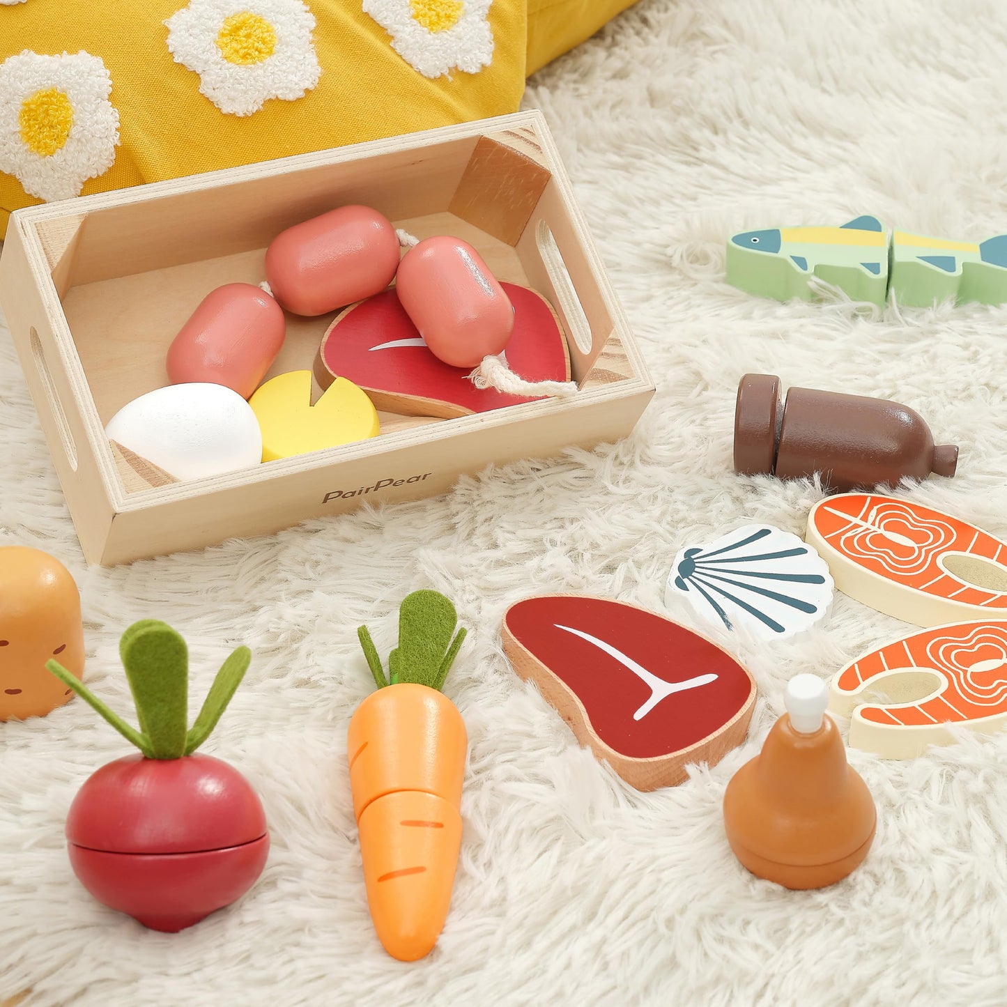 Pairpear Wooden Toys Play Food Sets For Kids Kitchen, Kids Toy Food Cutting Meat Set For Toddlers 3+ Years Old, Pretend Food Pla