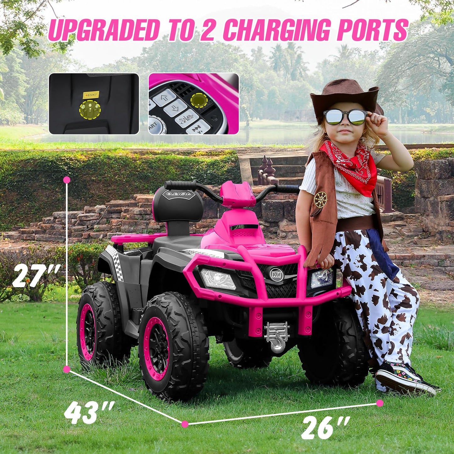 ELEMARA 2 Seater Ride on ATV, 4 Wheeler Quad Ride on Toy with 10AH Battery, Ride on Electric Big Kids
