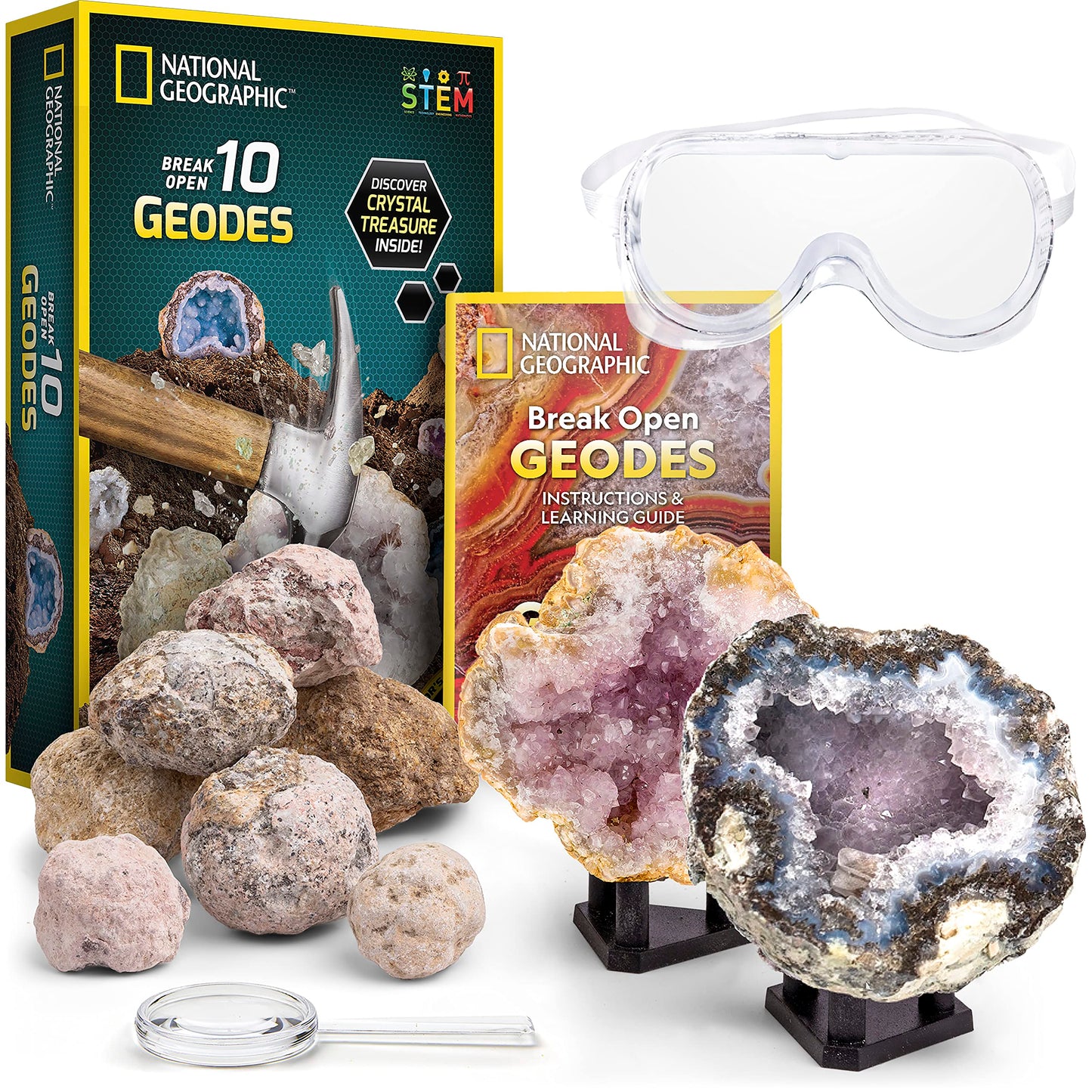 National Geographic Break Open 10 Premium Geodes - Includes Goggles And 2 Display Stands - Great Stem Science Kit, Geology Gift