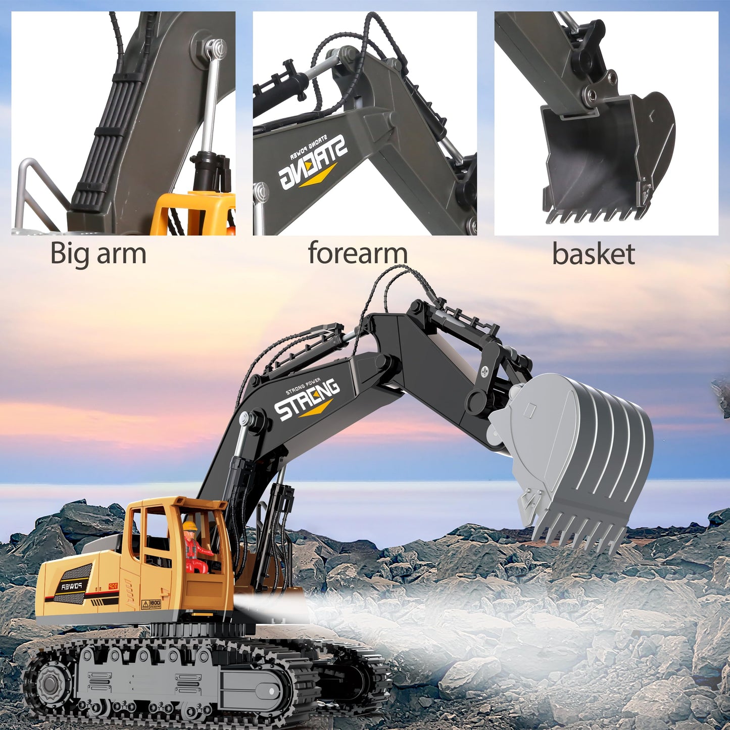 Remote-Control Excavator Toy for Boys Age 3-12 Year Old - 1/18 Scale RC Construction-Excavators Toys with 360 Rotation Metal Sho