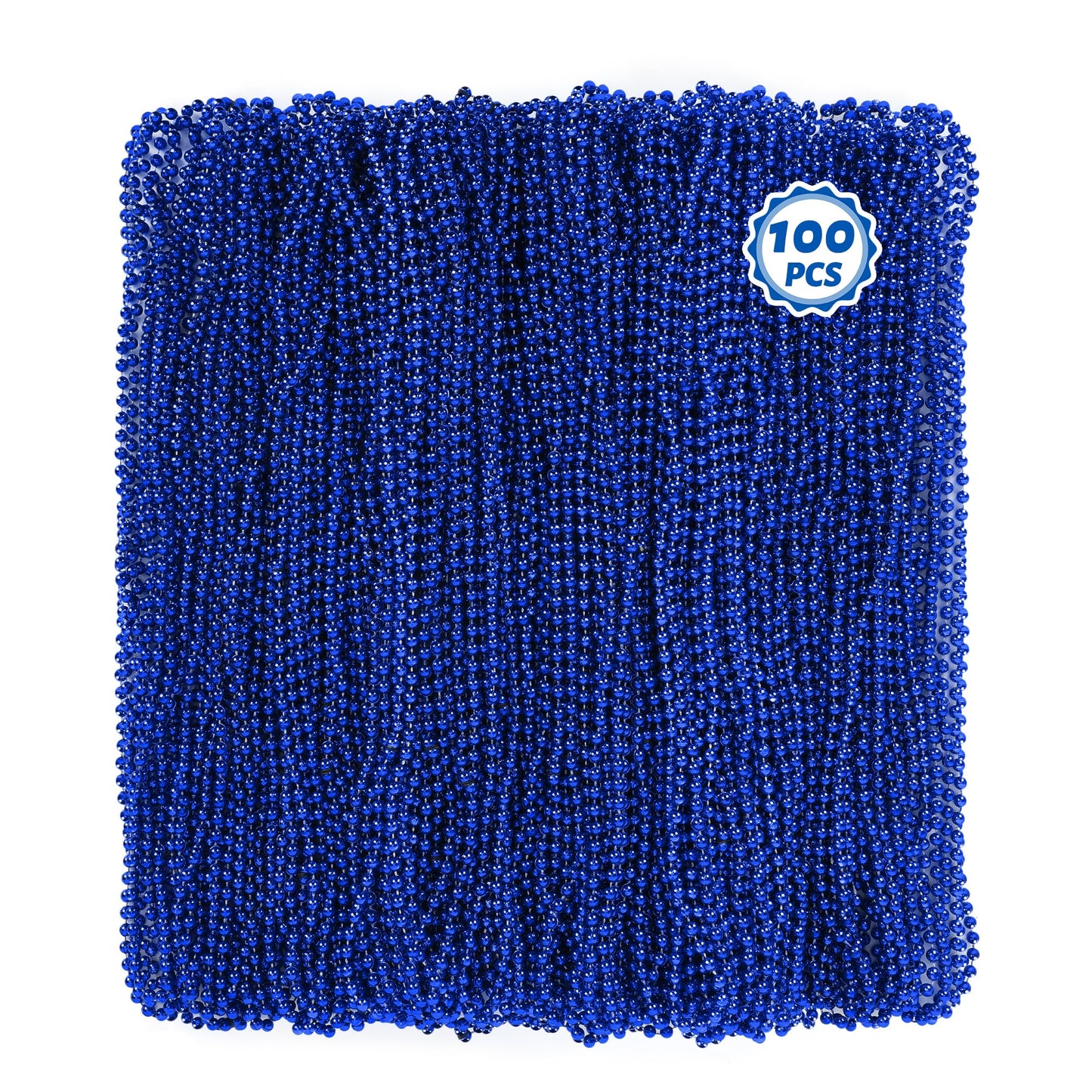 100 Pcs Blue Mardi Gras Beads Necklaces, 33'' Metallic Patriotic Carnival Beaded, 4Th Of July Costume Necklaces Bulk, Mardi Gras