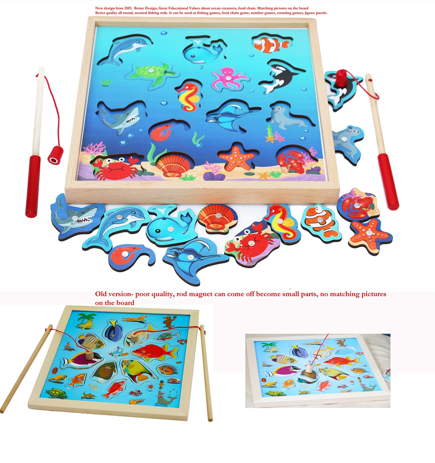 TOWO Wooden Fishing Game-Magnetic Fishing Puzzles with Numbers Jigsaw Puzzle- Sea Creatures Kids Educational Toys for 3 Years Old Math Toy